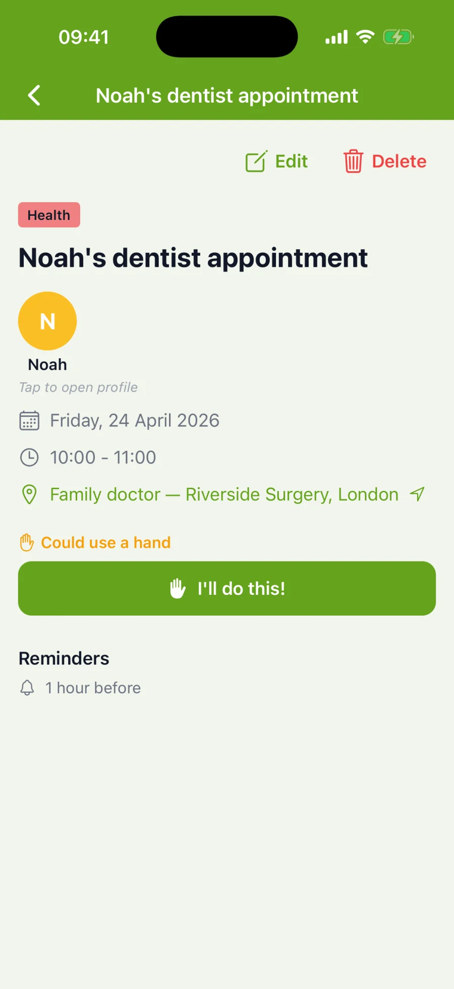 Event detail screen with location and notes