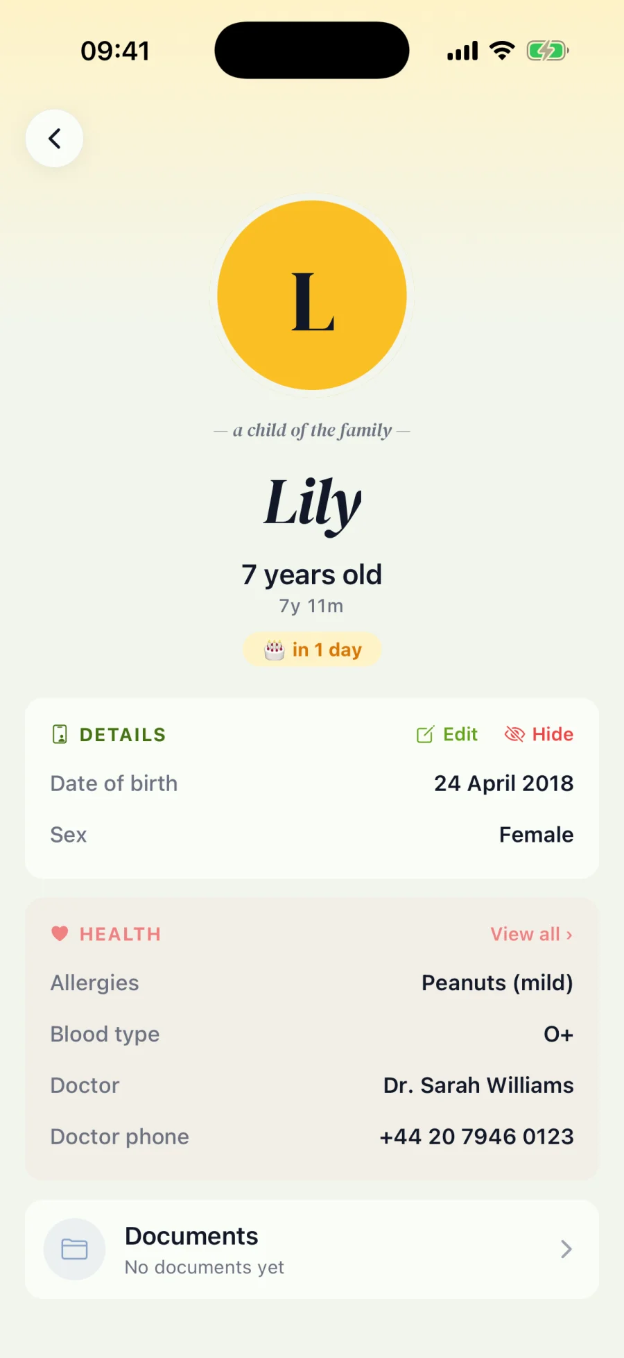 Kid profile with health details and documents