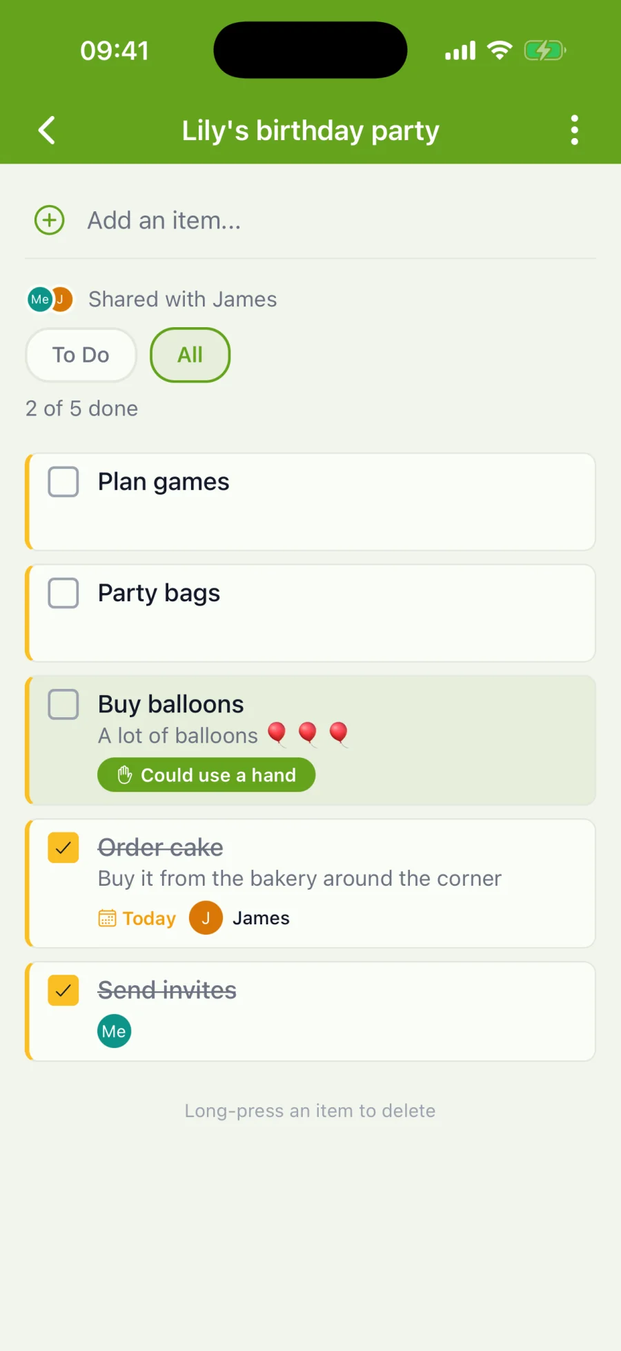 Shared shopping list with assigned items