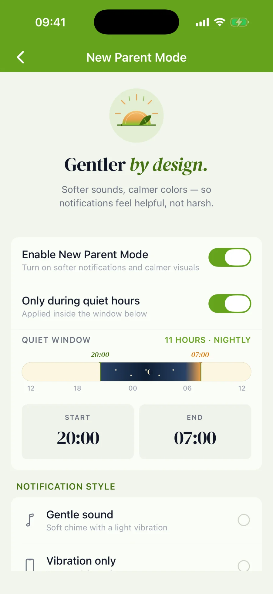 New Parent Mode: calm notifications