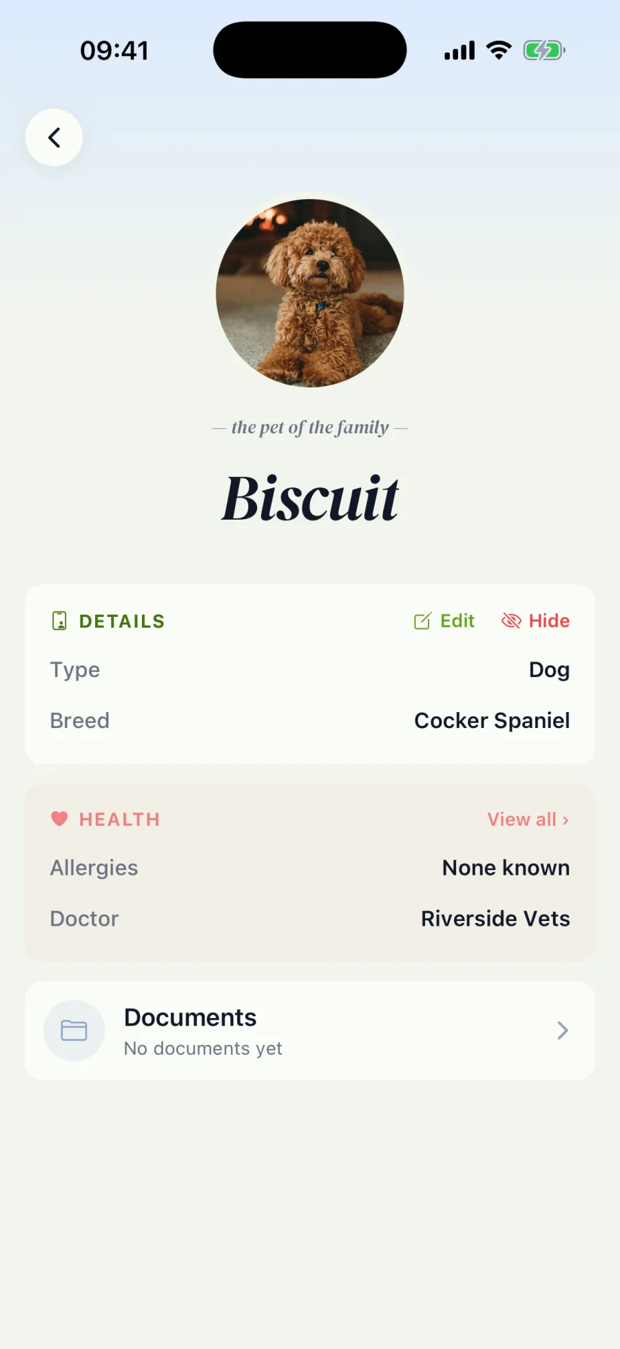 Pet profile with vet details and documents