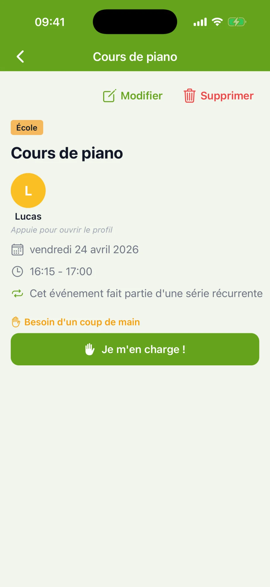 Détail d'un événement avec lieu et notes
