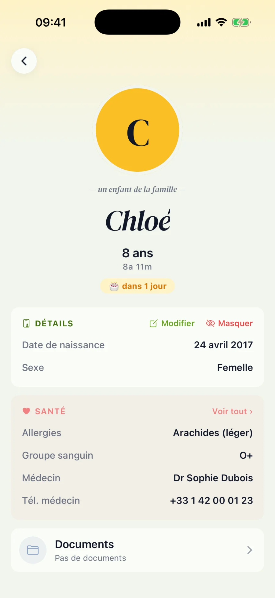 Fiche enfant avec santé et documents