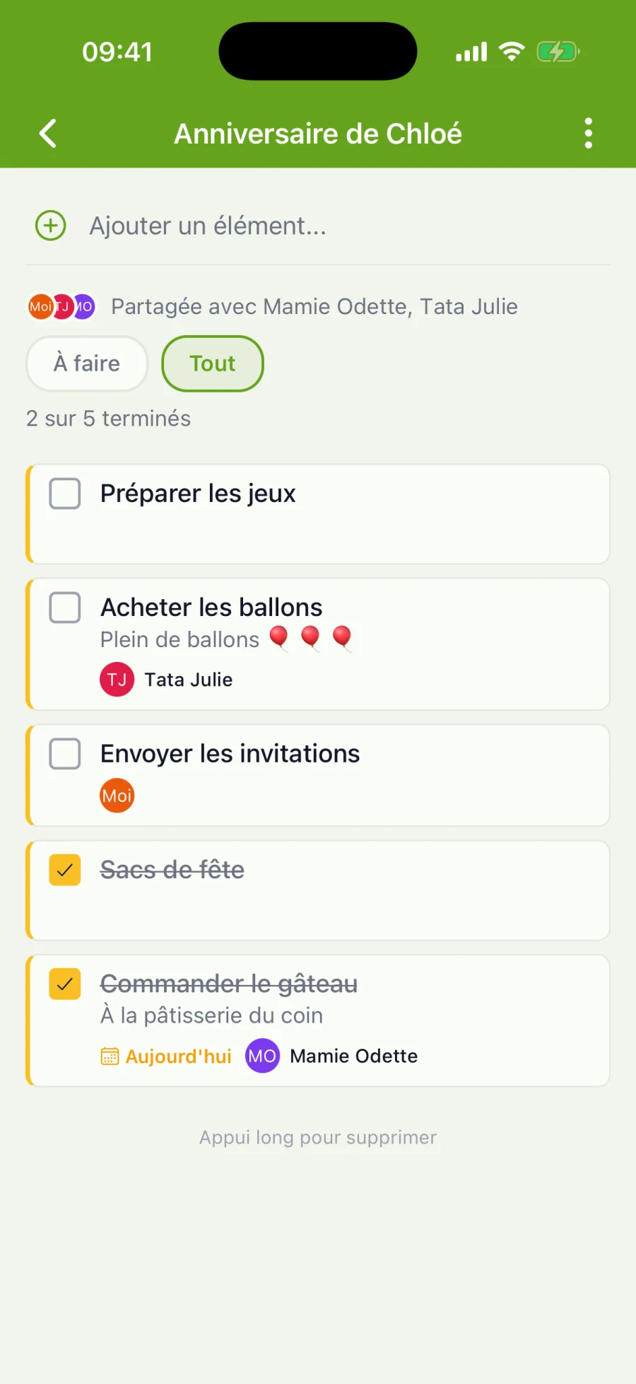 Liste partagée avec tâches attribuées