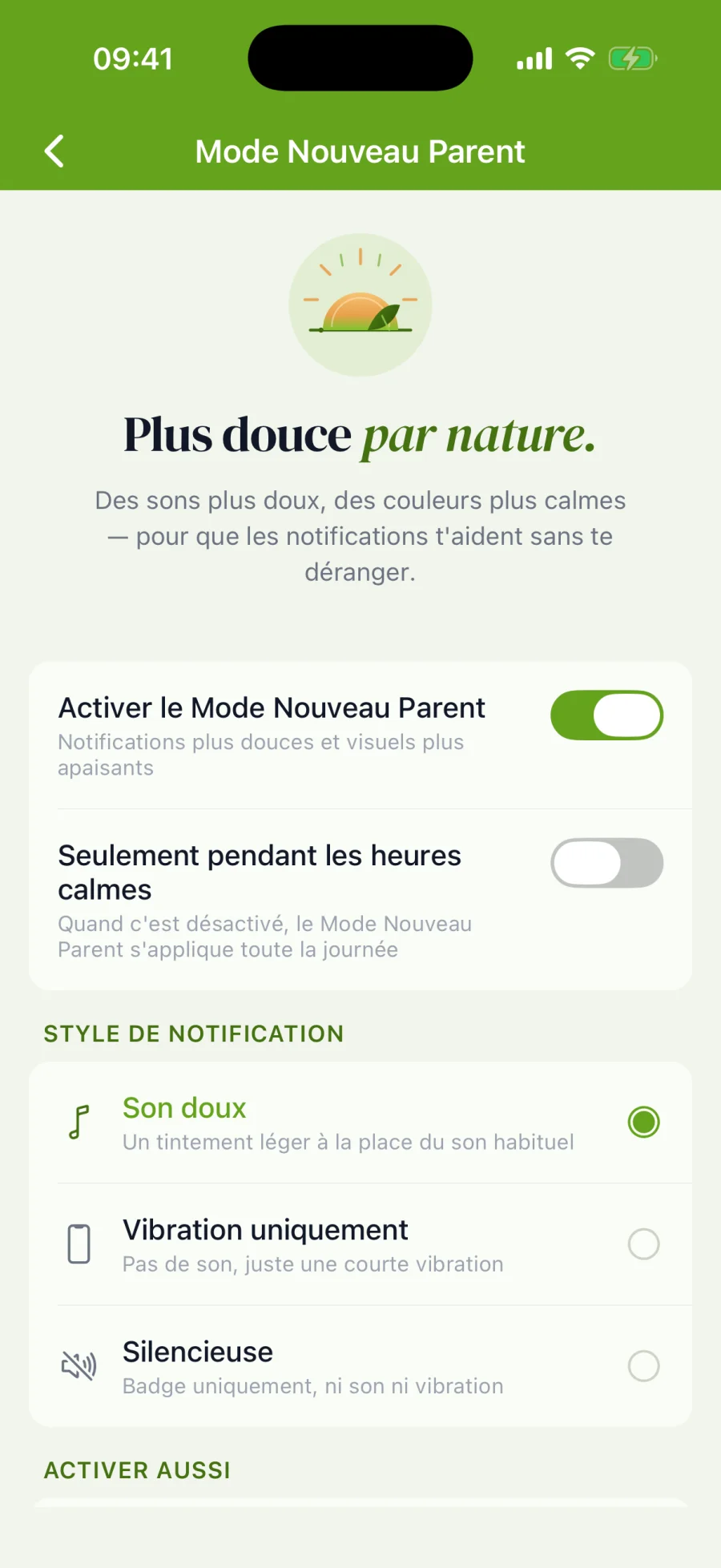 Mode Nouveau Parent : notifications apaisées