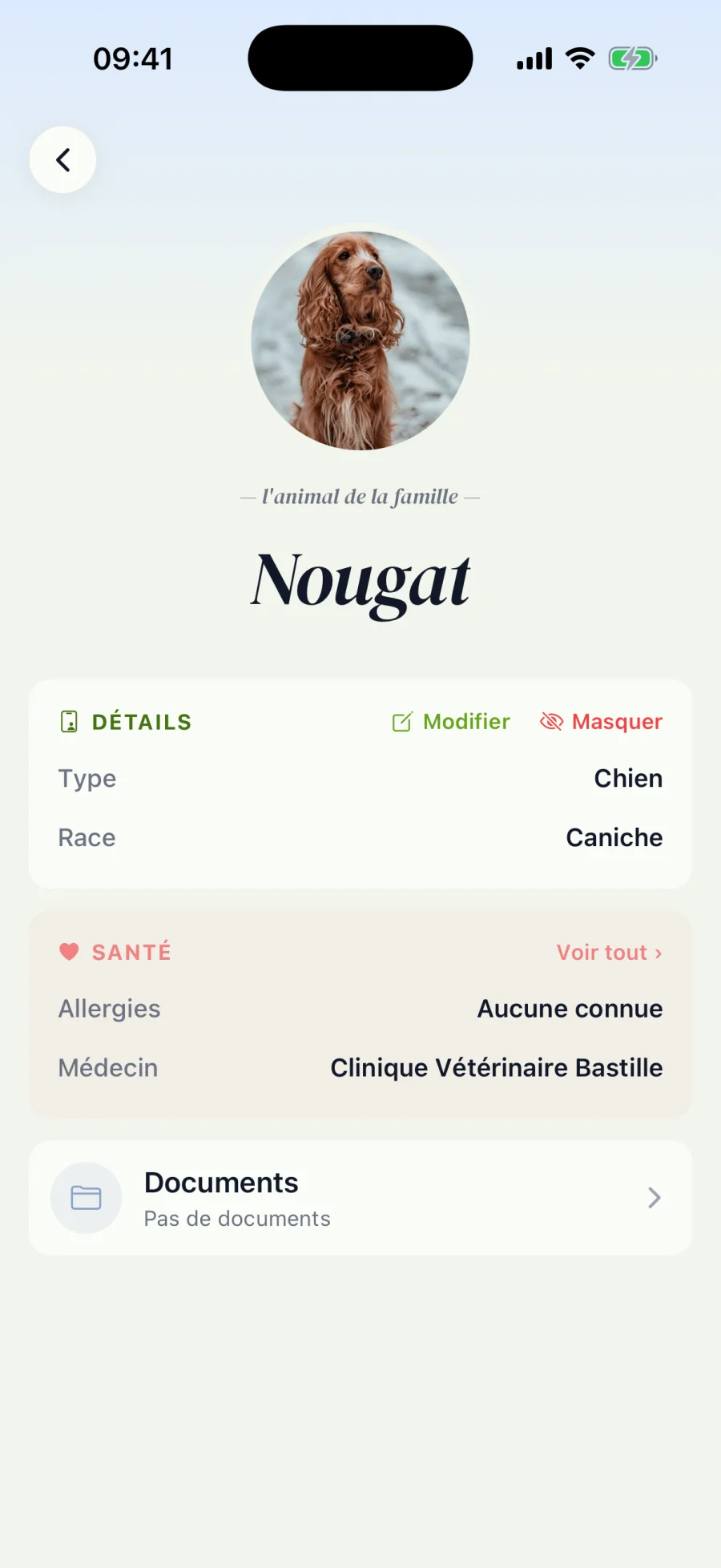 Fiche animal avec véto et documents