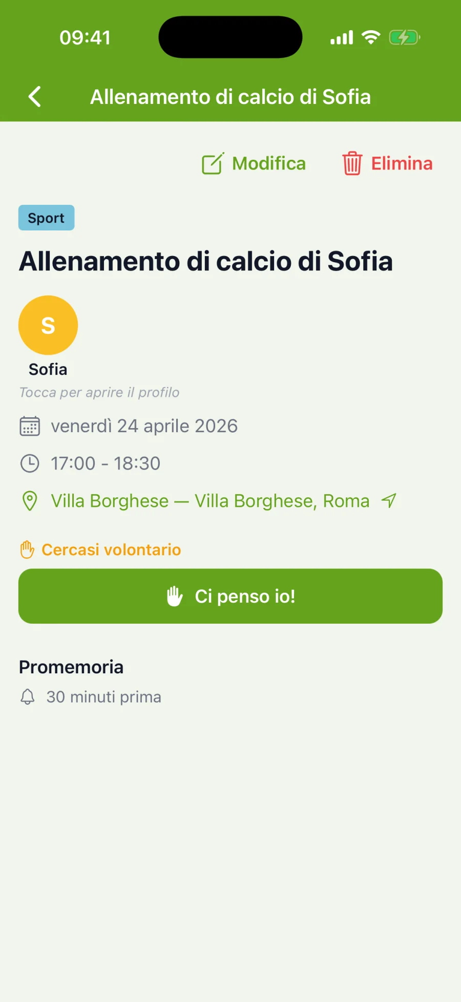 Dettaglio evento con luogo e note