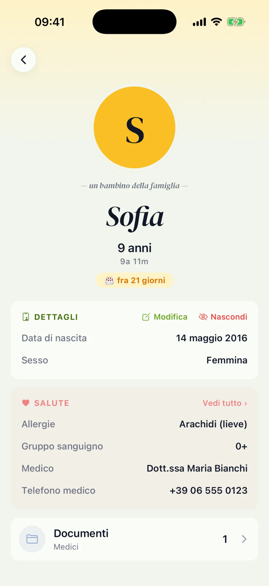 Scheda bambino con salute e documenti