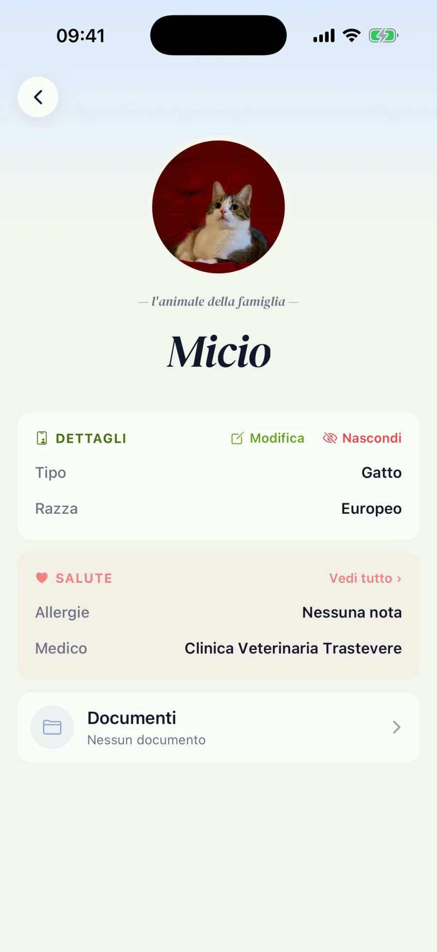 Scheda animale con veterinario e documenti